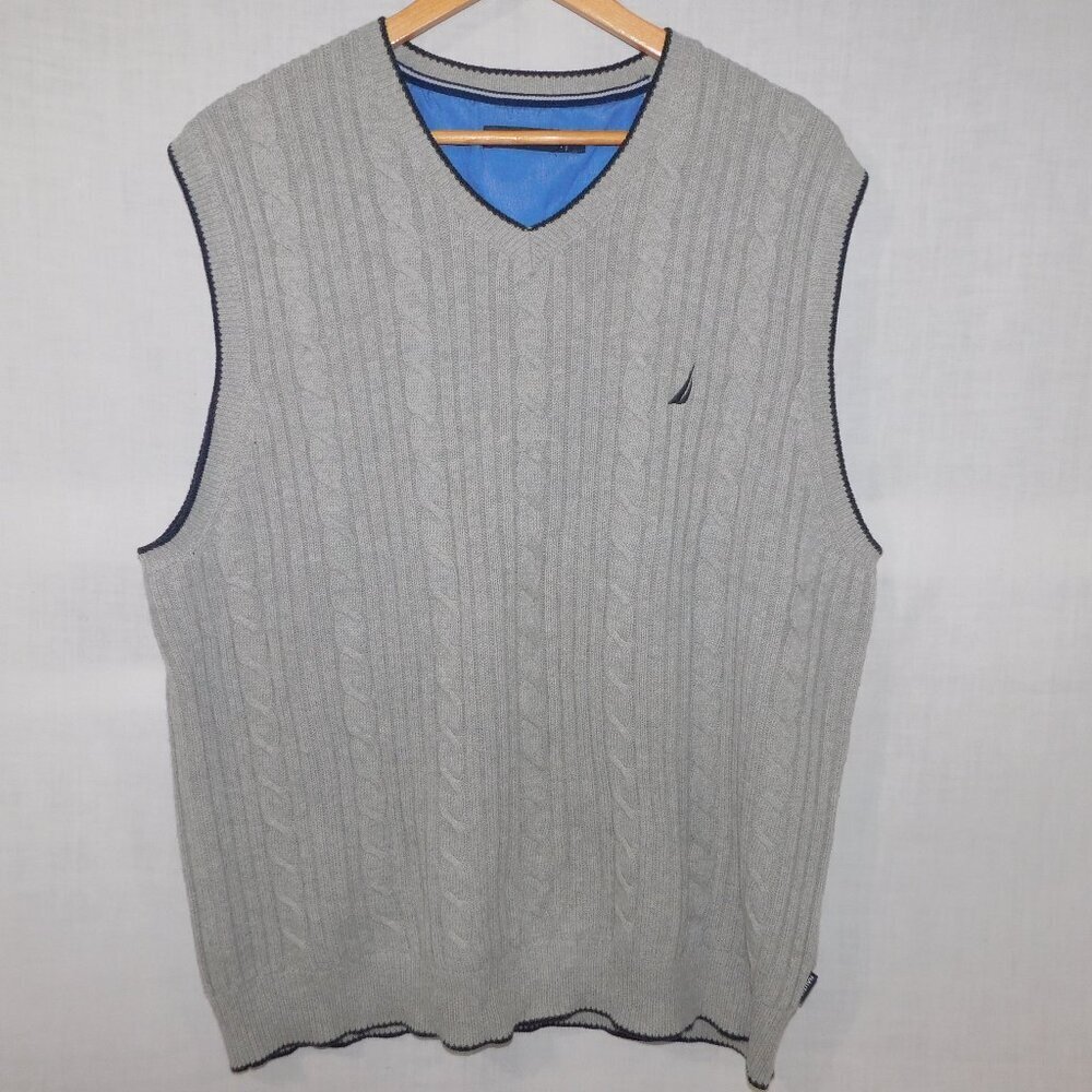 Nautica  Cable Knit V neck Sweater Vest Gray Blue Mens XL